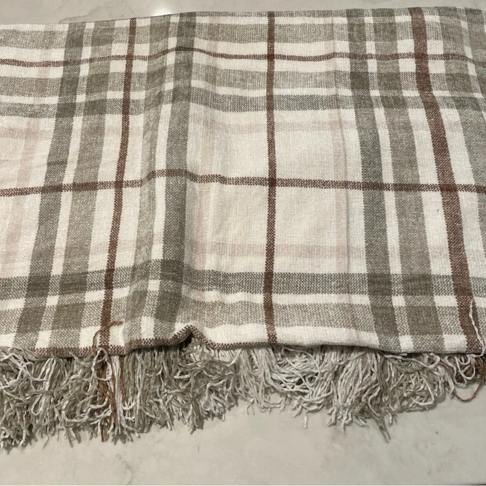 Cream and Beige Plaid Chenille Throw Blanket
